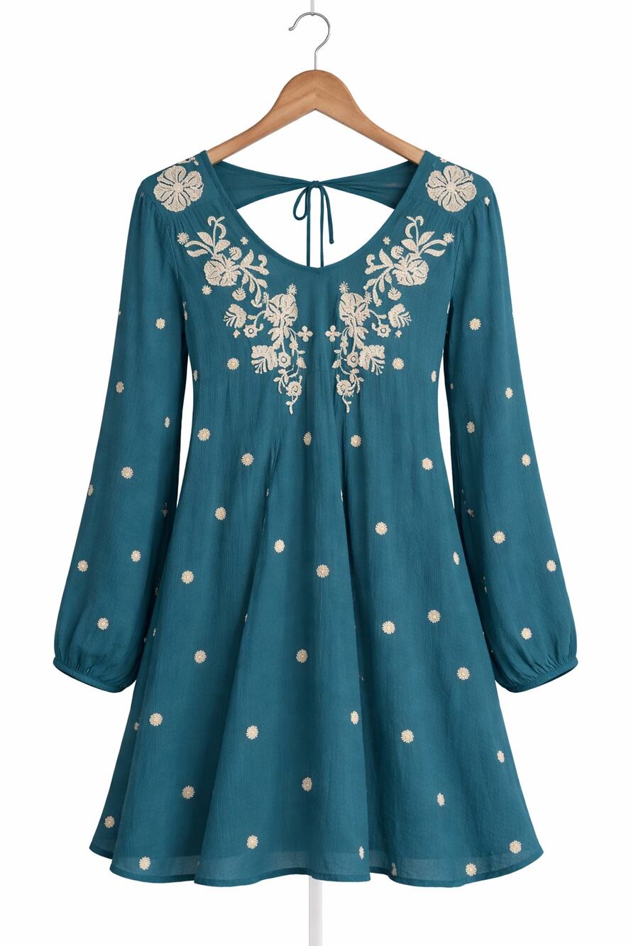 Free People Boho Green Dress Size M Hippie Peasant Embroidered Cottagecore Y2K